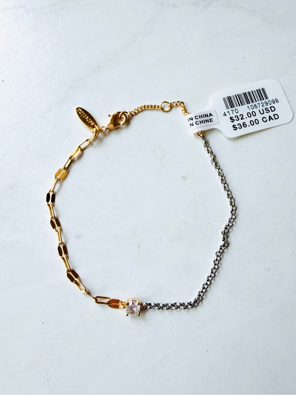 NWT Anthropologie Two-Tone Gold & Silver Delicate Crystal Link Bracelet